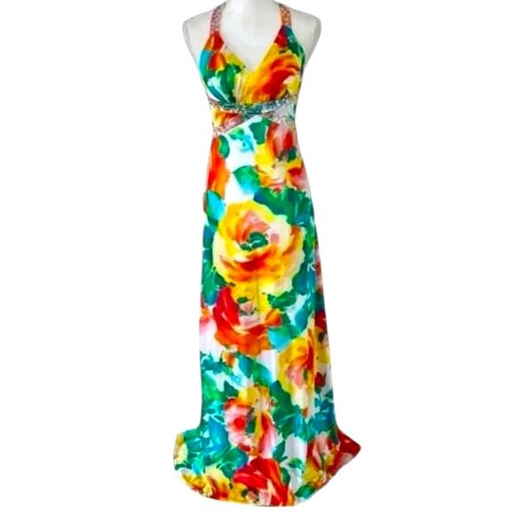 Morgan & Co Vibrant Floral Sequin Gown Prom – Size Small – Halter Maxi Dress - Picture 2 of 8